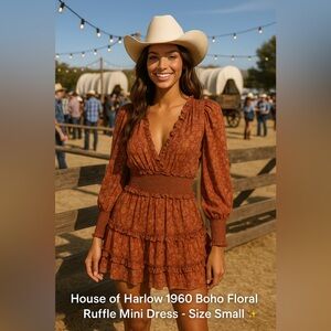 House of Harlow 1960 Rust Floral Ruffle Long Sleeve Mini Dress